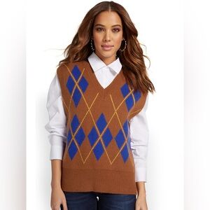 New York & Company Mable Rust Mustard Blue Harley Quinn Diamond Sweater Vest M/L